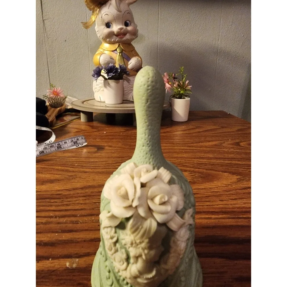 Vintage Sage Green & Ivory Cameo Collectible Bell Jasperware